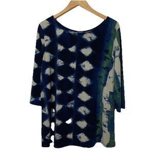 Clara Sun Woo Tunic Top Womens M Tie Dye Blue White Printed Art Office Made USA